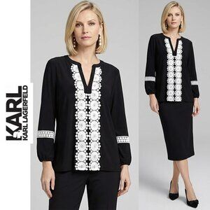 KARL LAGERFELD, Black long sleeve v-neck blouse with white embroidery